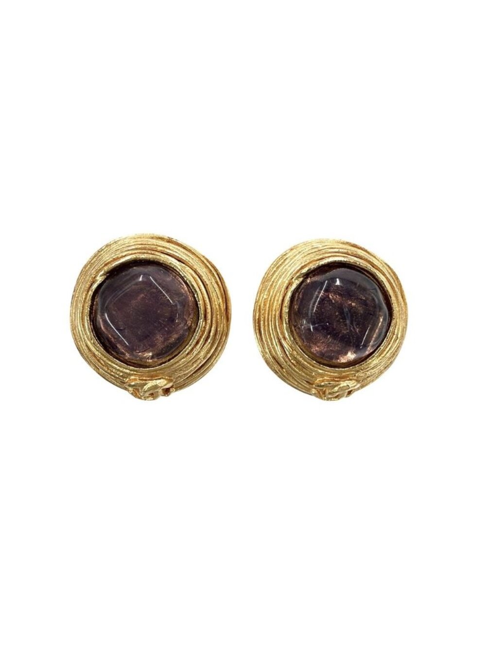 Chanel Earrings CC Logo Gripoix Vintage Color Stone 99P Gold Purple